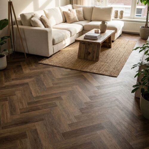 Dark Brown_lifestyle PVC Walvisgraat Vloer Walnoot 150×750 mm