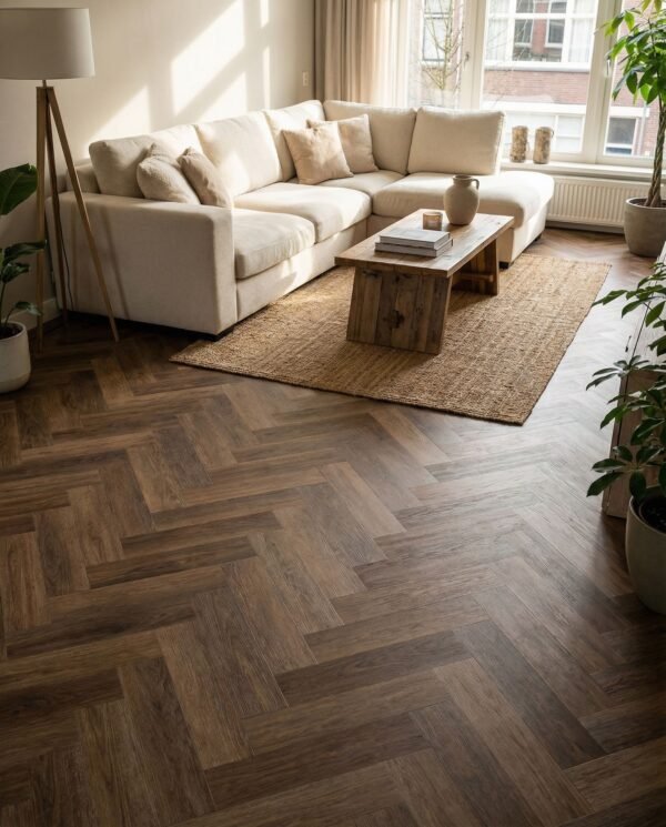 Dark Brown_lifestyle PVC Walvisgraat Vloer Walnoot 150×750 mm