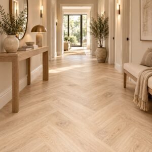 PVC Plakvloer Honey Brown Oak 750x152 mm sfeerbeeld visgraat PVC Plakvloer Honey Brown Oak 750x152 mm