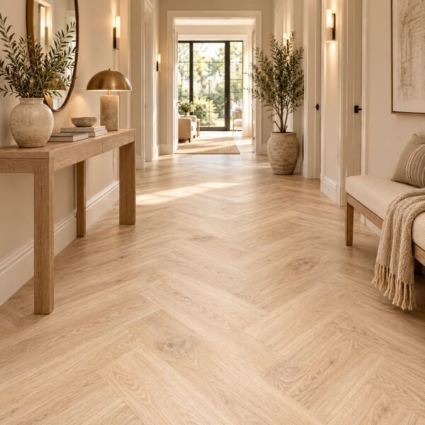 PVC Plakvloer Honey Brown Oak 750x152 mm sfeerbeeld visgraat PVC Plakvloer Honey Brown Oak 750x152 mm