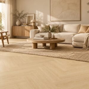 PVC Plakvloer Mushroom Oak 750x152 mm sfeerbeeld visgraat PVC Plakvloer Mushroom Oak 750x152 mm