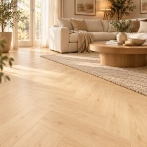 PVC Plakvloer Scandinavian Oak 750x152 mm sfeerbeeld visgraat PVC Plakvloer Scandinavian Oak 750x152 mm