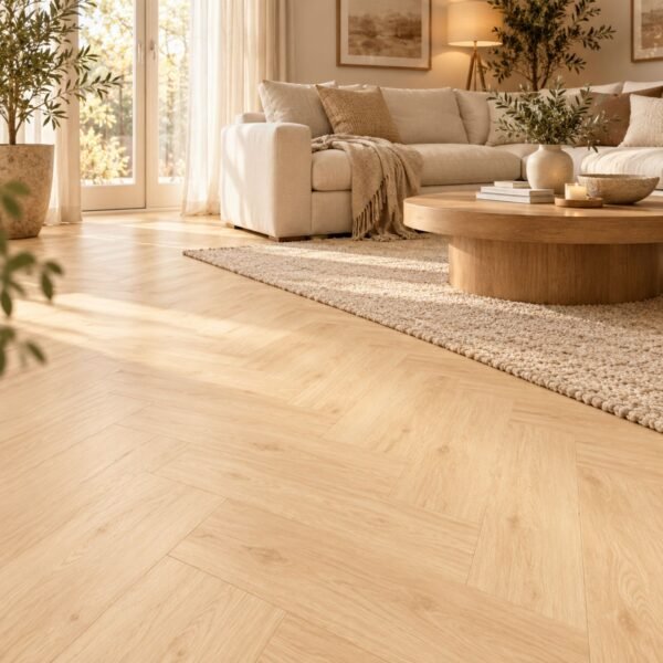PVC Plakvloer Scandinavian Oak 750x152 mm sfeerbeeld visgraat PVC Plakvloer Scandinavian Oak 750x152 mm