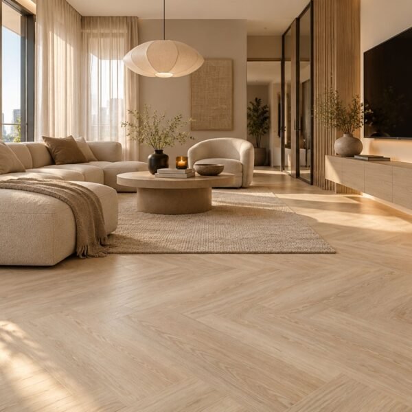 PVC Plakvloer Walnut Oak 750x152 mm sfeerbeeld visgraat PVC Plakvloer Walnut Oak 750x152 mm
